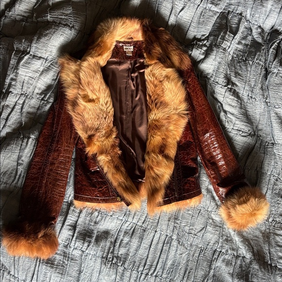 Cache Jackets & Blazers - EUVC VTG Fur Collar Cuffs EMBOSSED CROC TEXTURED LAMB Zip LEATHER JACKET S M 6 8